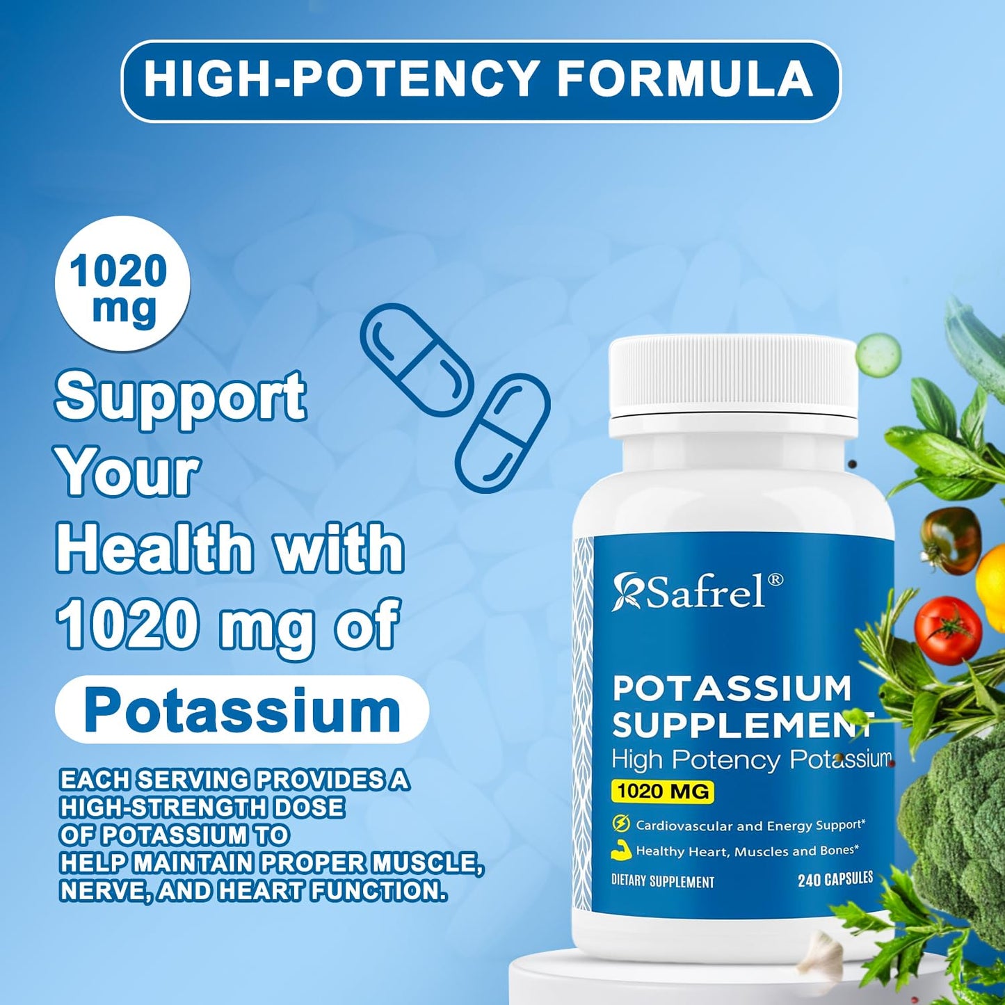 Safrel Potassium Supplement Capsules, 240 Count