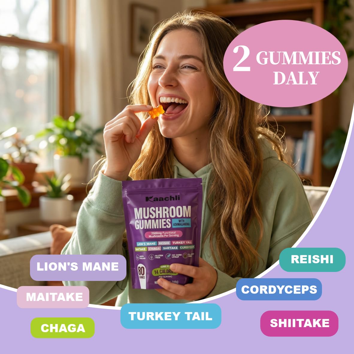KAACHLI Ashwagandha 1000mg & Mushroom Gummies, 80 Count