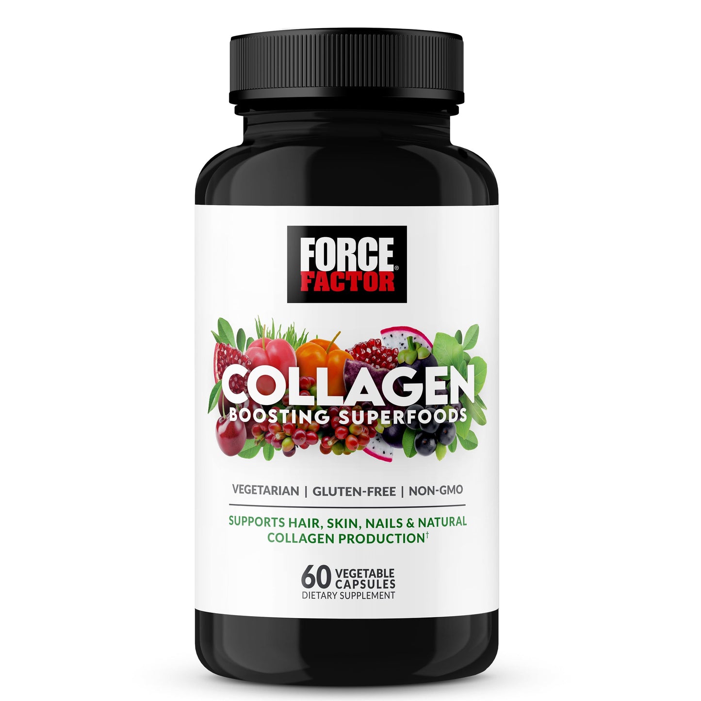 Force Factor Collagen Boosting Superfoods, Vegan Collagen Booster with Hyaluronic Acid, Biotin, Bamboo, Amino Acids & Vitamins for Hair, Skin, and Nails, Strengthener and Skin Supplement Capsules, 60 Capsules
