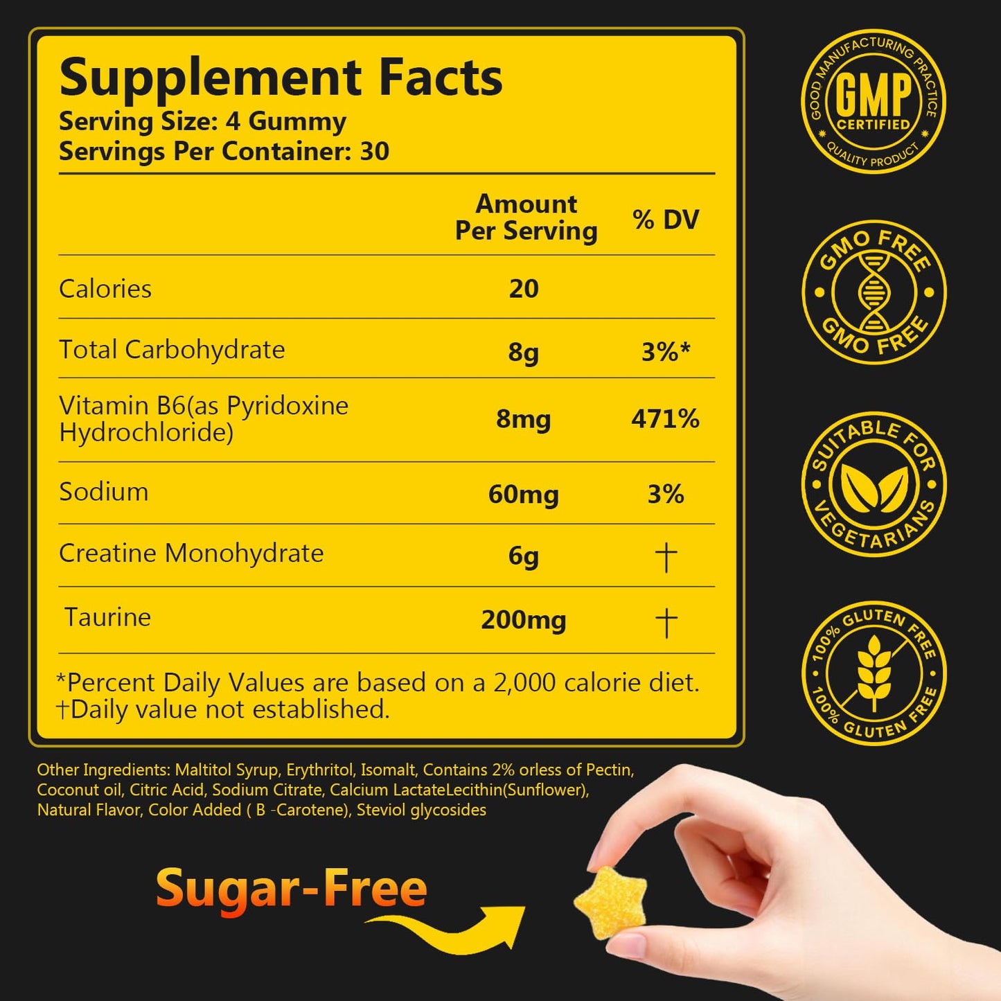 Anfinsen Sugar-Free Creatine Gummies 6000mg, Vitamin B6 & Taurine, Vegan, Gluten-Free, Lemon Flavor, 120 Gummies
