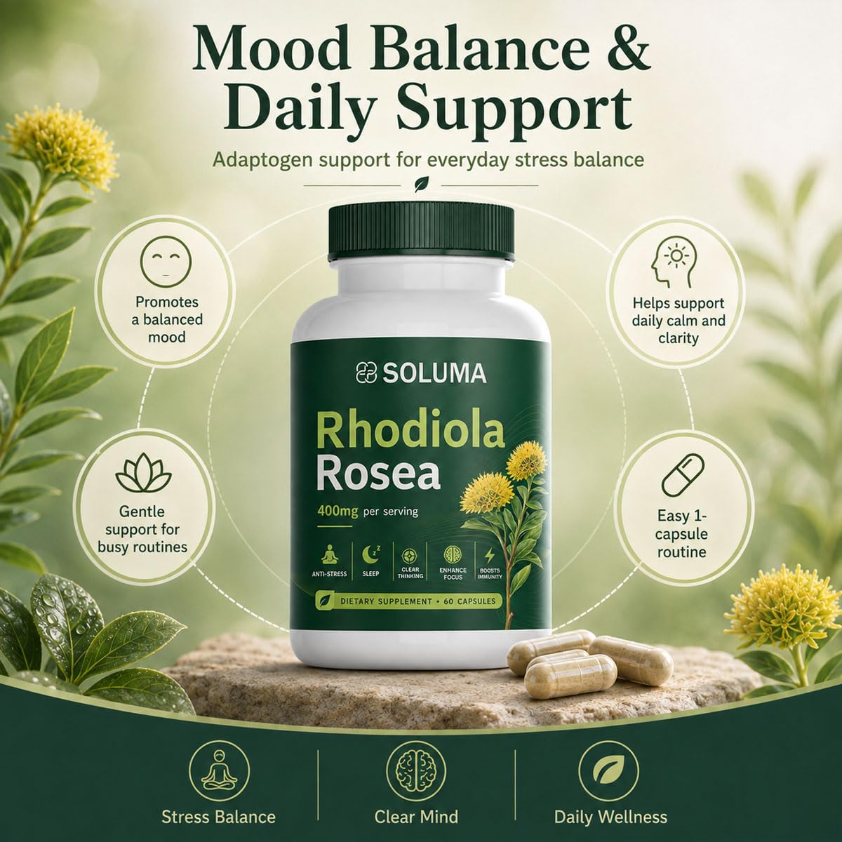 Soluma Rhodiola Rosea Organic Adaptogen Supplement with Bioperine, Energy, Stress & Mental Focus Support, 60 Capsules