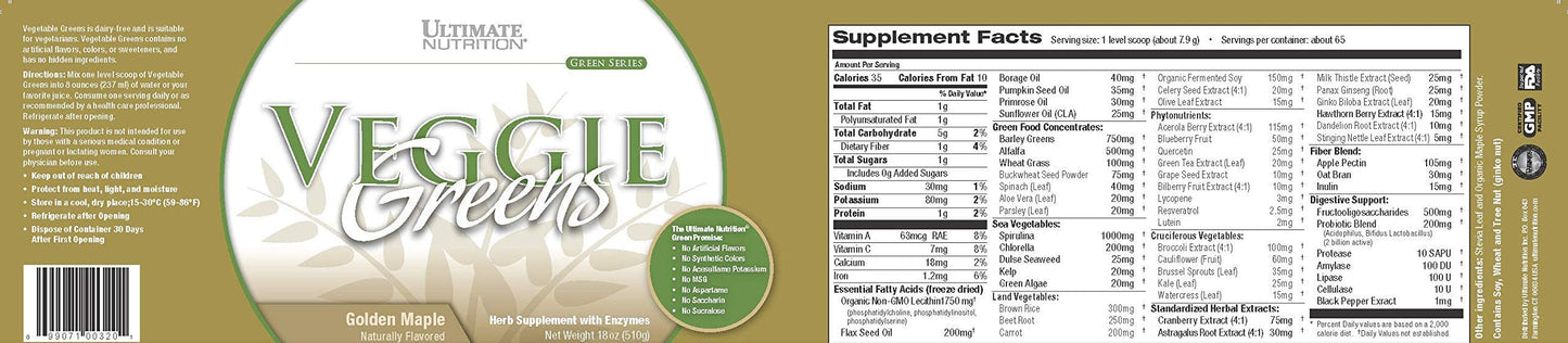 Ultimate Nutrition Veggie Greens Super Food Vegetable Protein Powder 18 oz, 64 Servings