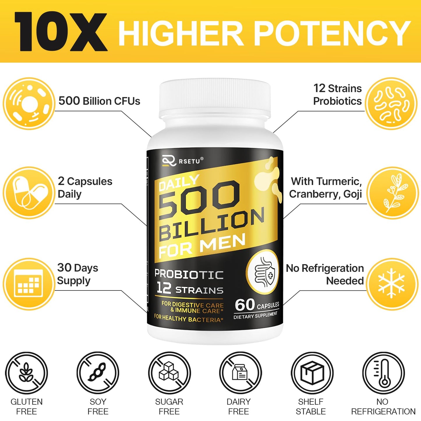 RSETU Probiotics for Men, 500 Billion CFUs & 12 Strains, 240 Capsules
