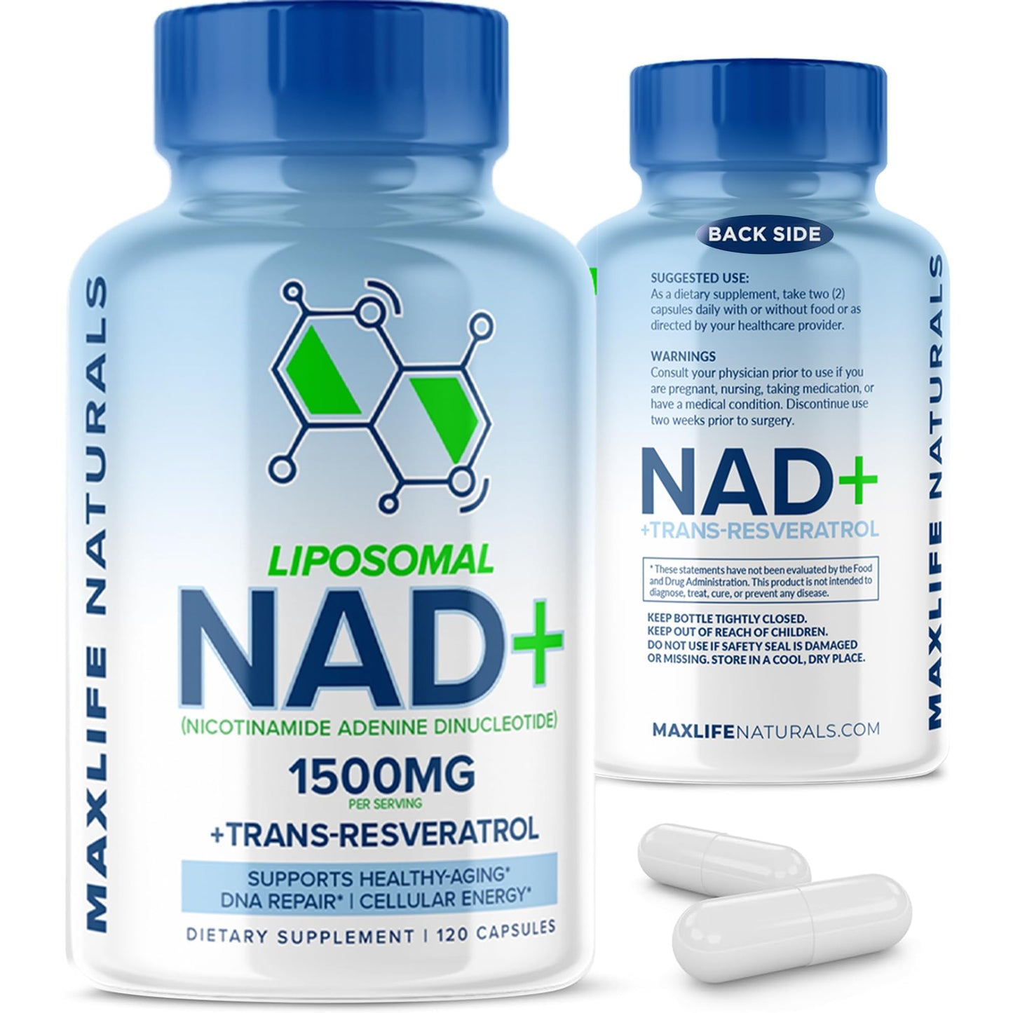 MaxLife Naturals Liposomal NAD+ Supplement 1500mg with Trans-Resveratrol, 120 Capsules