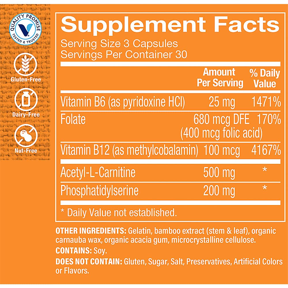 The Vitamin Shoppe Brain Sharp with Acetyl-L-Carnitine, Phosphatidylserine Vitamins Capsules, 90 Count