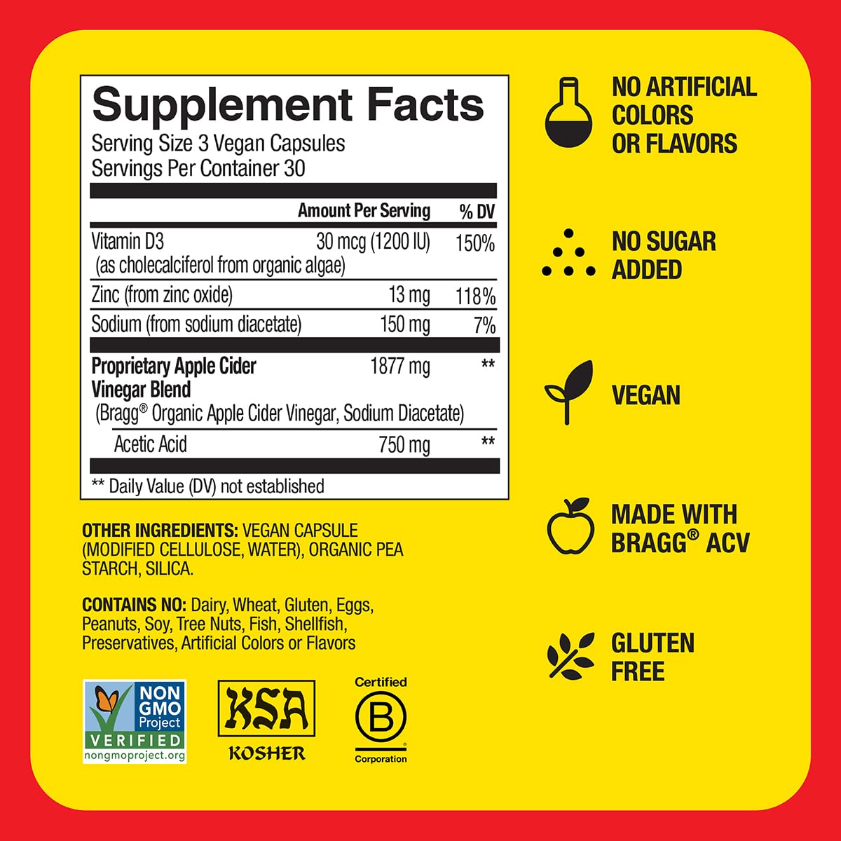 Bragg Organic Apple Cider Vinegar Capsules with Vitamin D and Zinc, 90 Count