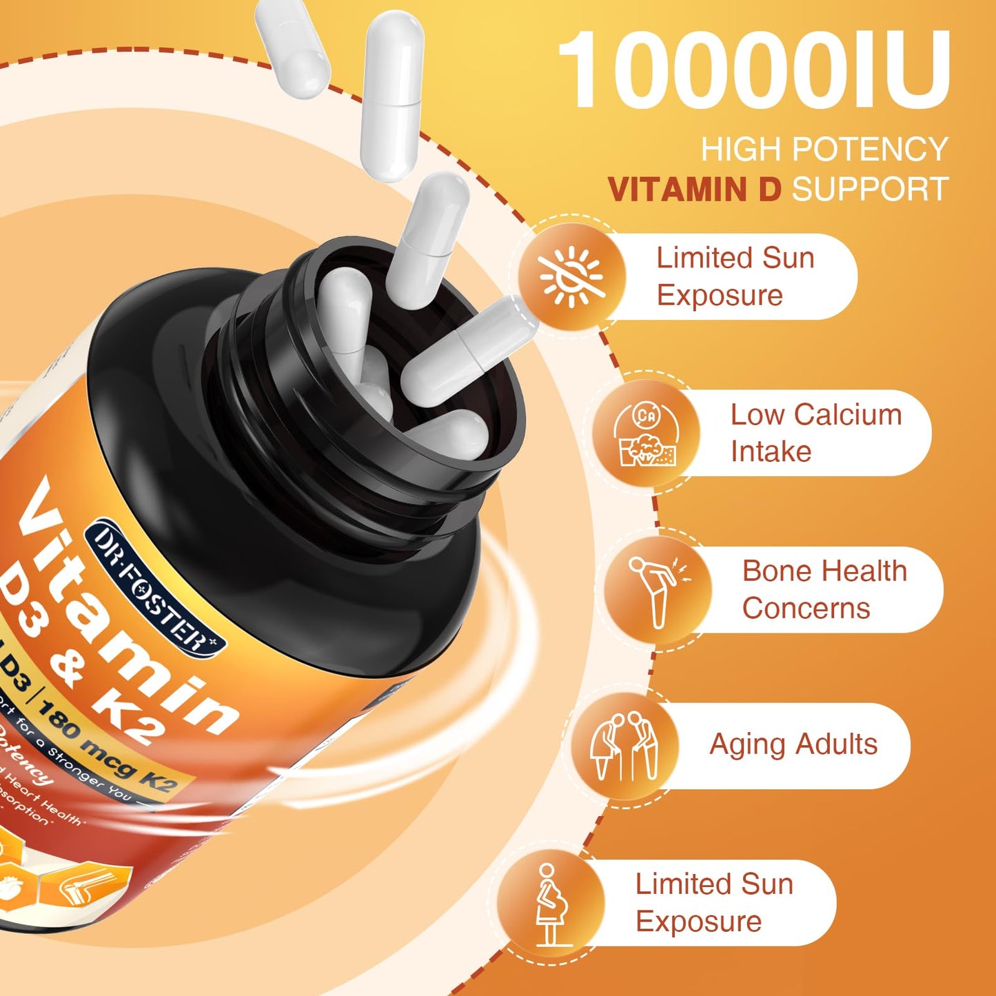 DRFOSTER Vitamin D3 K2, 10000 IU D3 + 180 mcg K2, Capsules, 120