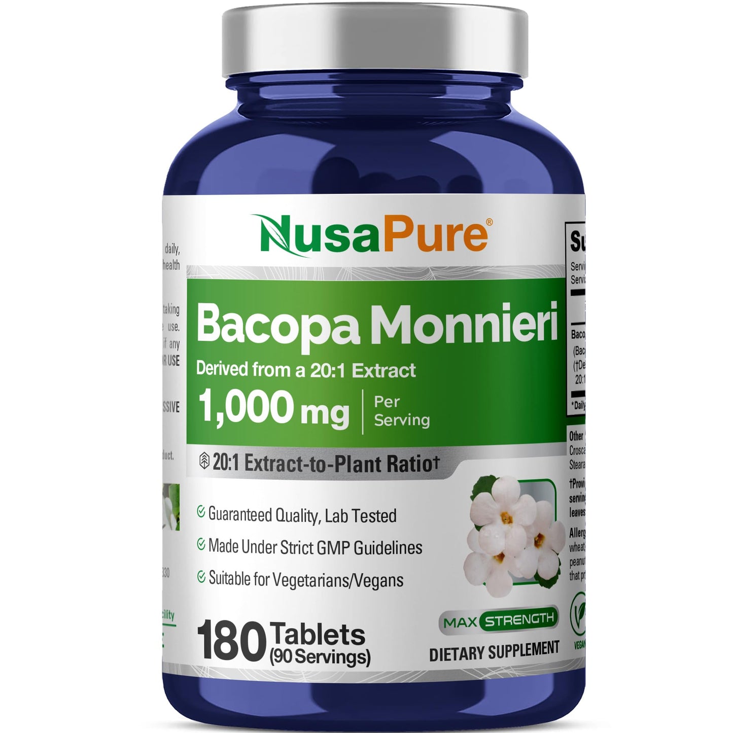 NusaPure Bacopa Monnieri Leaf Capsules, 1000mg, Non-GMO, Vegan, 180 Capsules