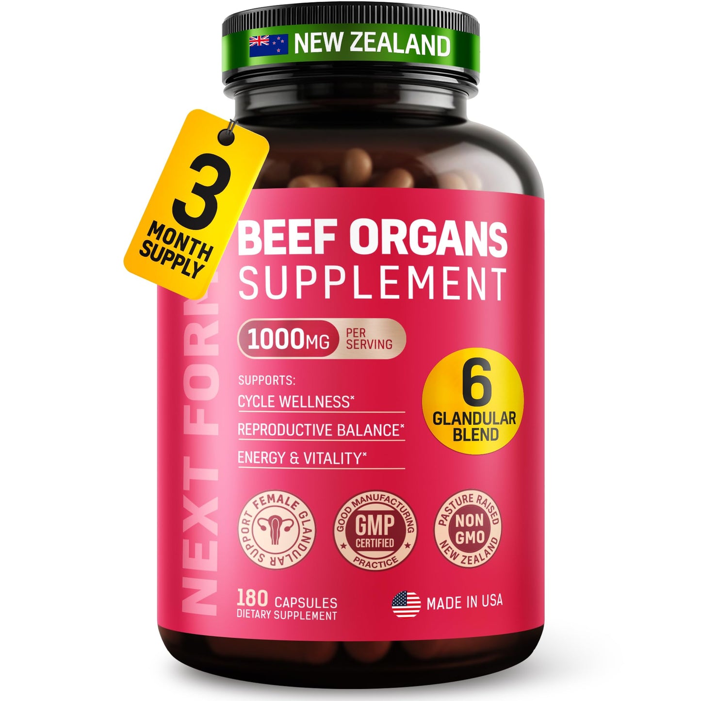 Next Form Beef Organ Supplement for Women 6 in 1 Complex Hormone Balance & Energy, 180 Capsules