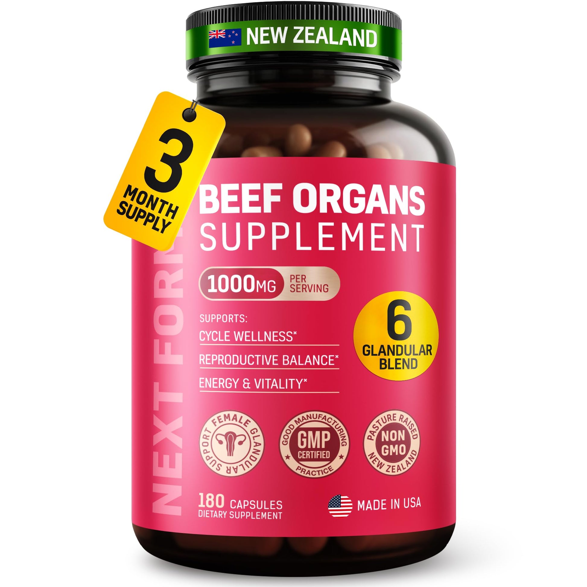 Next Form Beef Organ Supplement for Women 6 in 1 Complex Hormone Balance & Energy, 180 Capsules