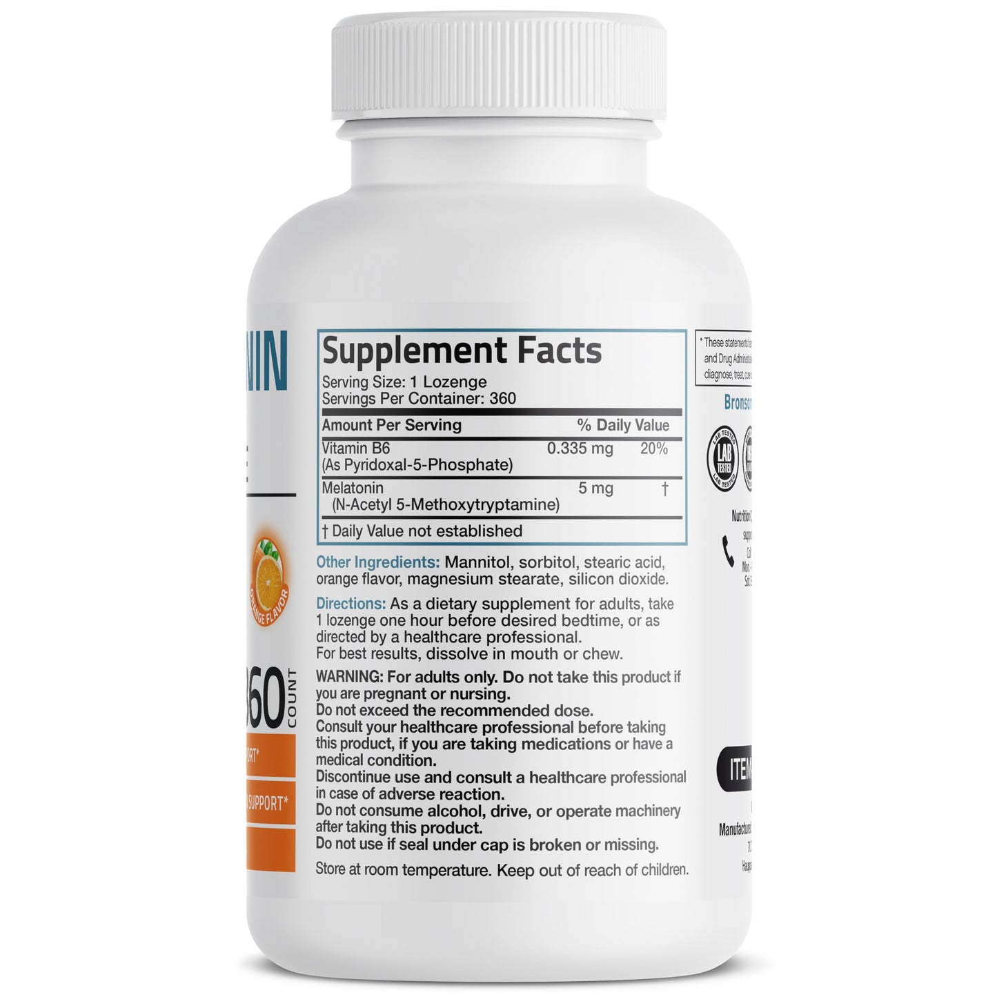 Bronson Melatonin Lozenge 5 mg Fast Dissolve Orange Flavor with Vitamin B6, 360 Lozenges