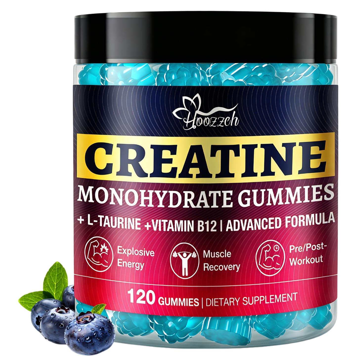 Hoozzch Creatine Monohydrate Gummies, Blueberry, Gluten Free, Vegan Friendly, 120 Count