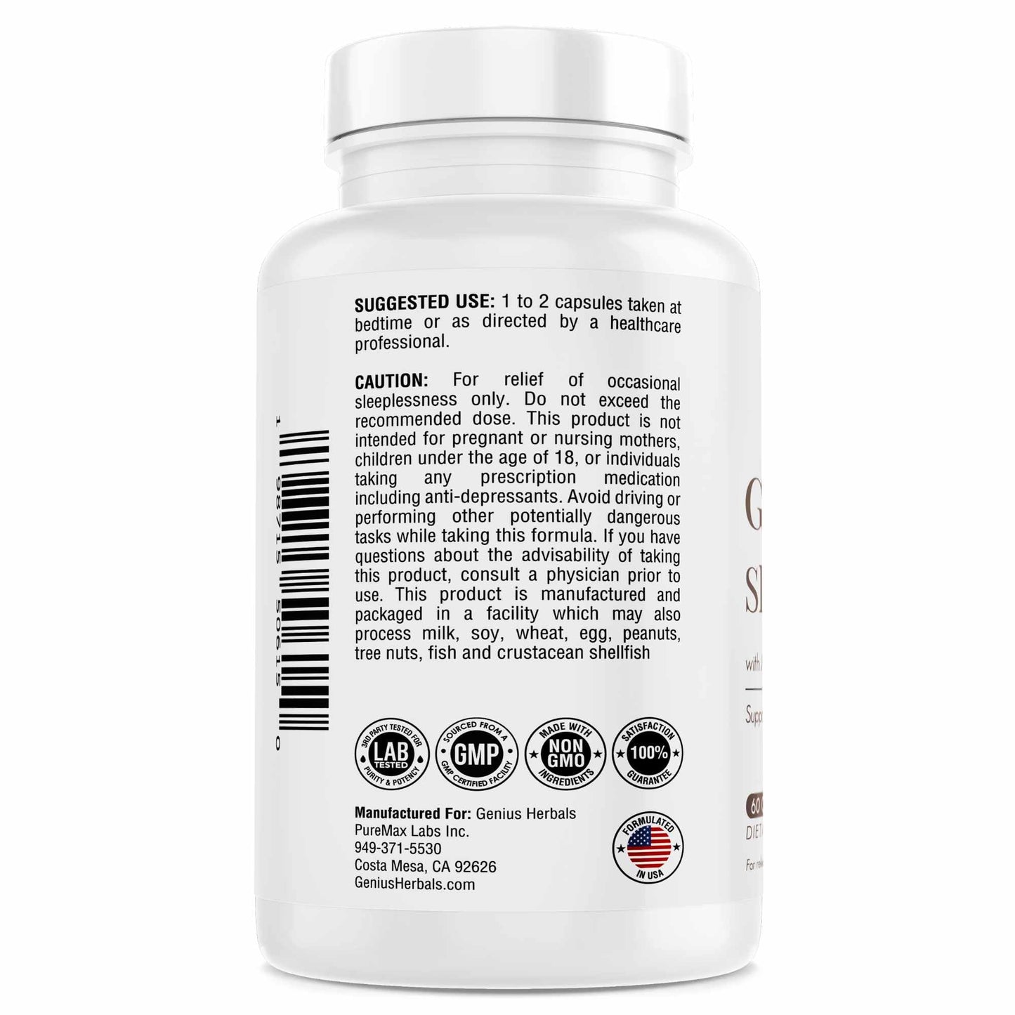 GENIUS HERBALS Gentle Calm Sleep Formula with Magnesium, L-Theanine, Melatonin, GABA, 5-Htp, 60 Capsules