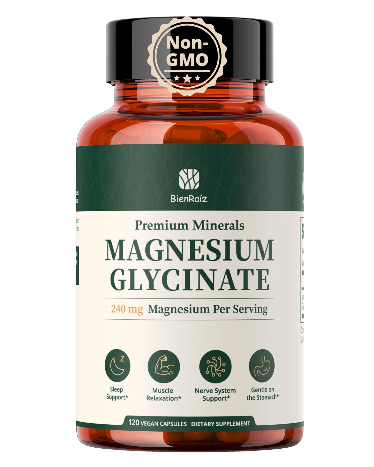BienRaíz Magnesium Glycinate Supplement 240mg Elemental Capsules, 120 Count