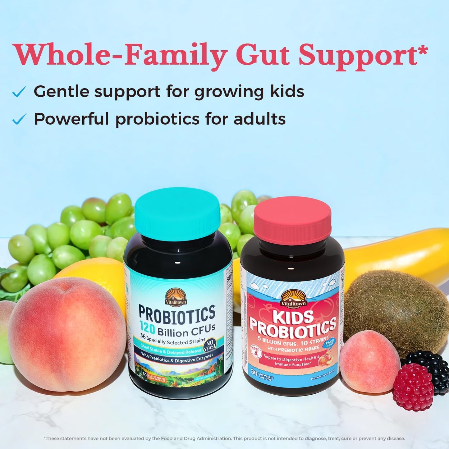 Vitalitown Kids Probiotics with Prebiotics, Ages 4+, Daily Gut, Digestive & Immune Health Support Supplement, 5 Billion CFUs, 10 Diverse Strains, Peach Flavor, 30 Tablets