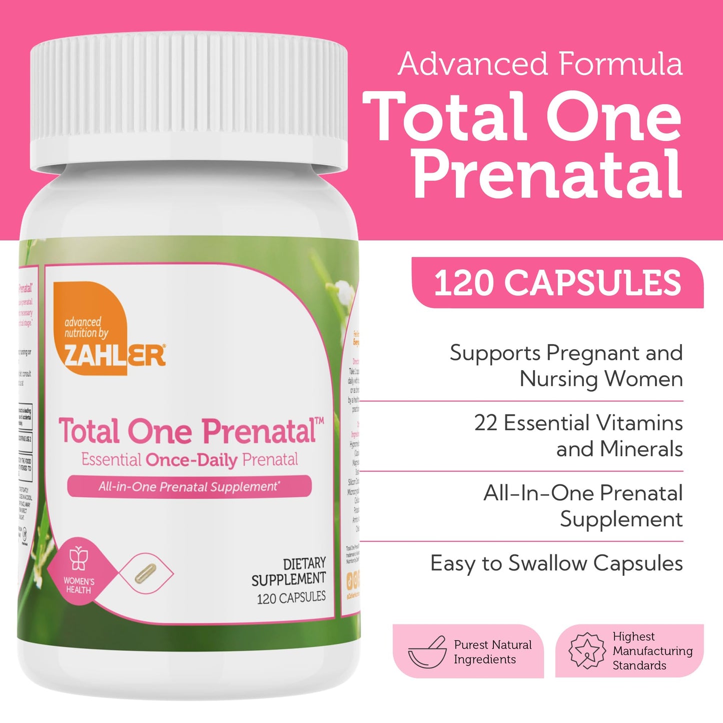 Zahler Total One Prenatal Vitamins for Women Capsules 120 Count