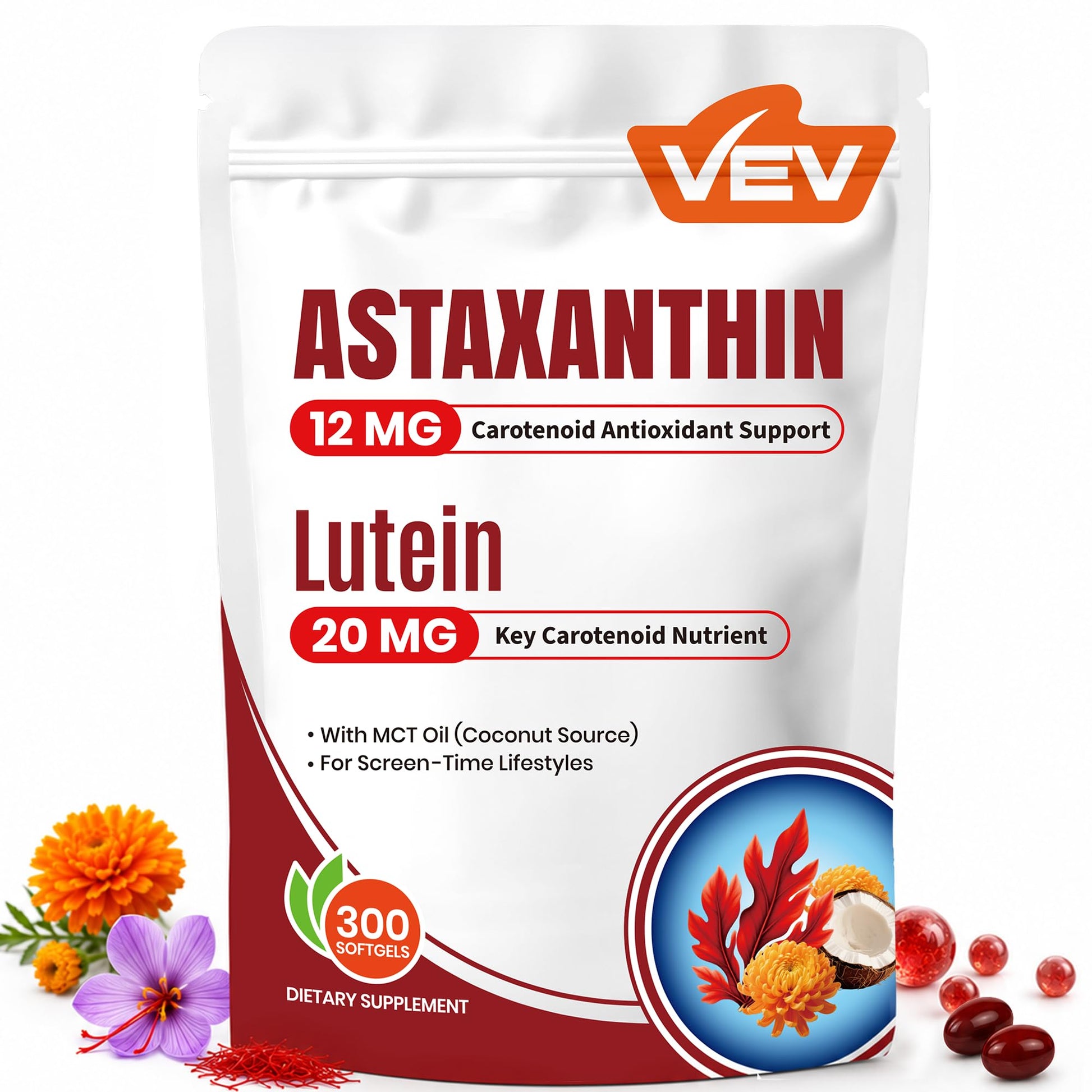 VEV Astaxanthin 12mg & Lutein 20mg Supplements with MCT Oil Softgels, 300