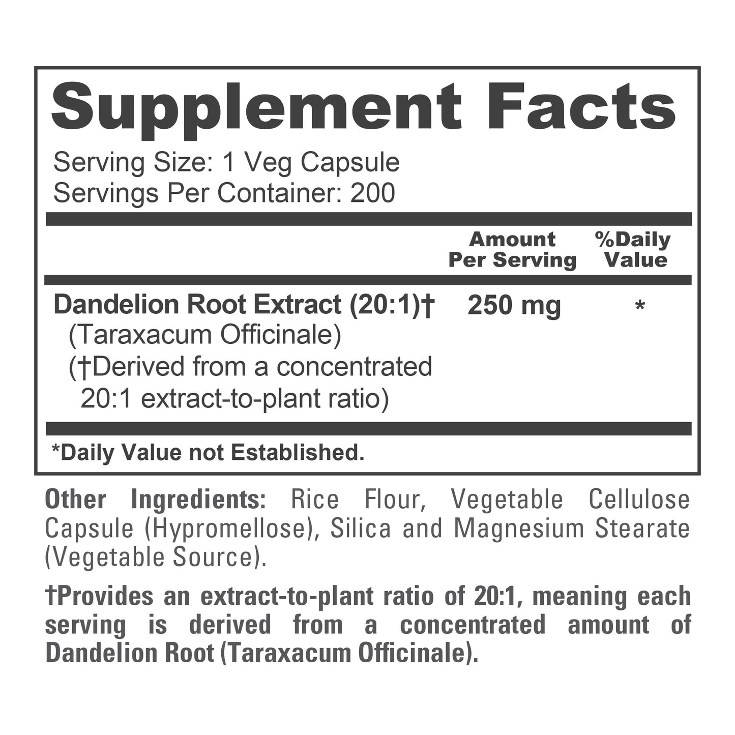 NusaPure Dandelion Root 250 mg Capsules, 200 Count, Non-GMO, Vegan