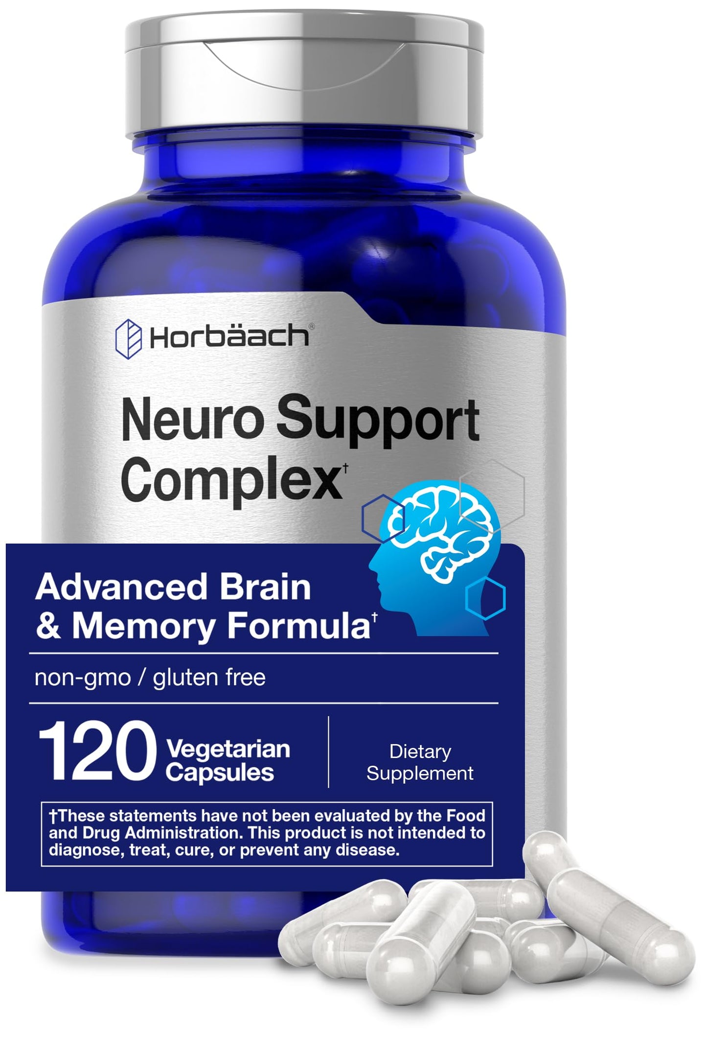 Horbäach Brain Supplement Capsules, 120 Count, with Phosphatidylserine & DMAE, Advanced Formula for Memory, Focus, Clarity, Vegetarian & Gluten Free, Neuro Support