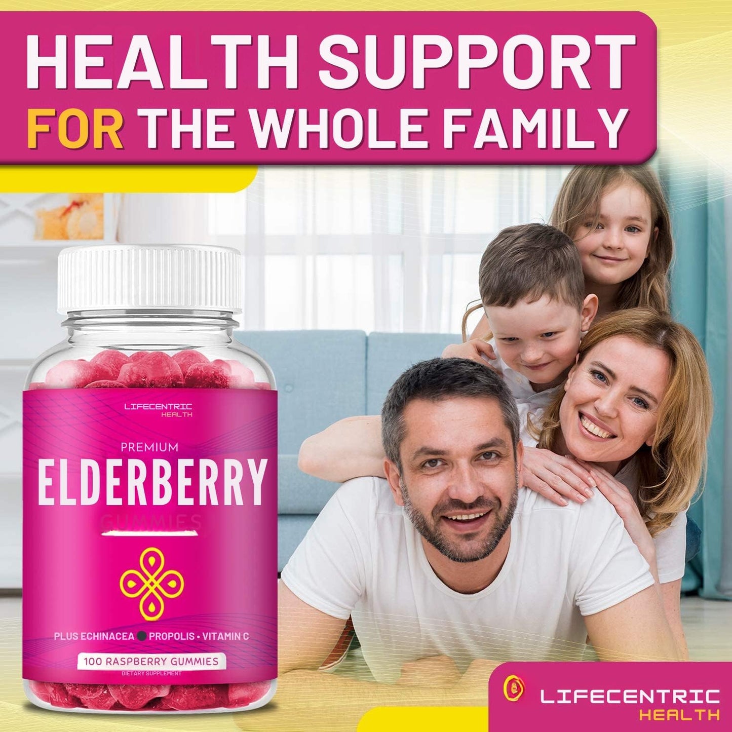 LifeCentric Health Elderberry Gummies with Vitamin C, Propolis & Echinacea - Raspberry Flavor, 100 Gummies