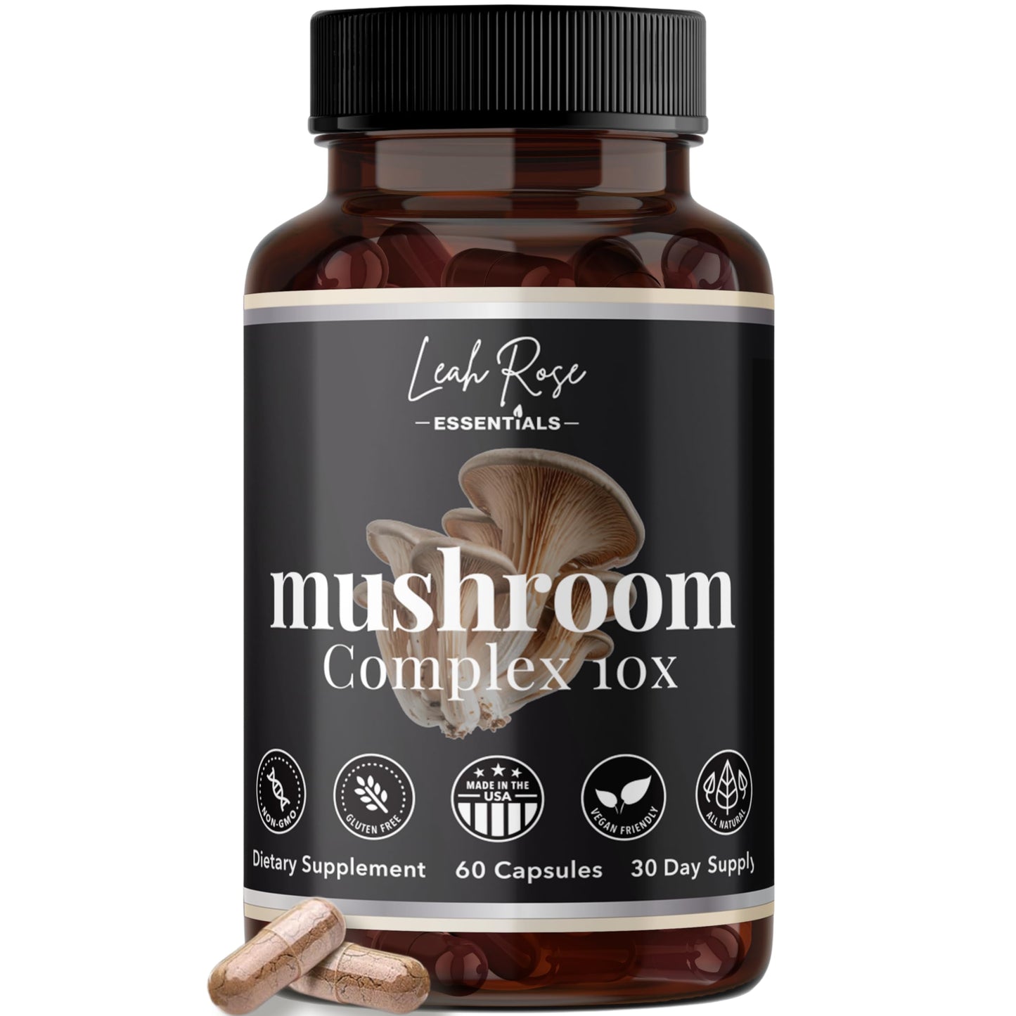 Leah Rose Essentials Mushroom Complex 10-in-1 Supplement Capsules 60 Count