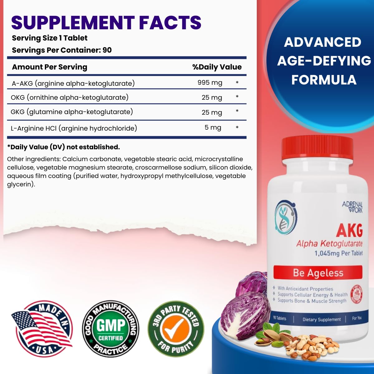 Adrenalwork L-Arginine 1000mg + AKG Alpha Ketoglutarate Pre-Workout Tablet, 90 Tablets
