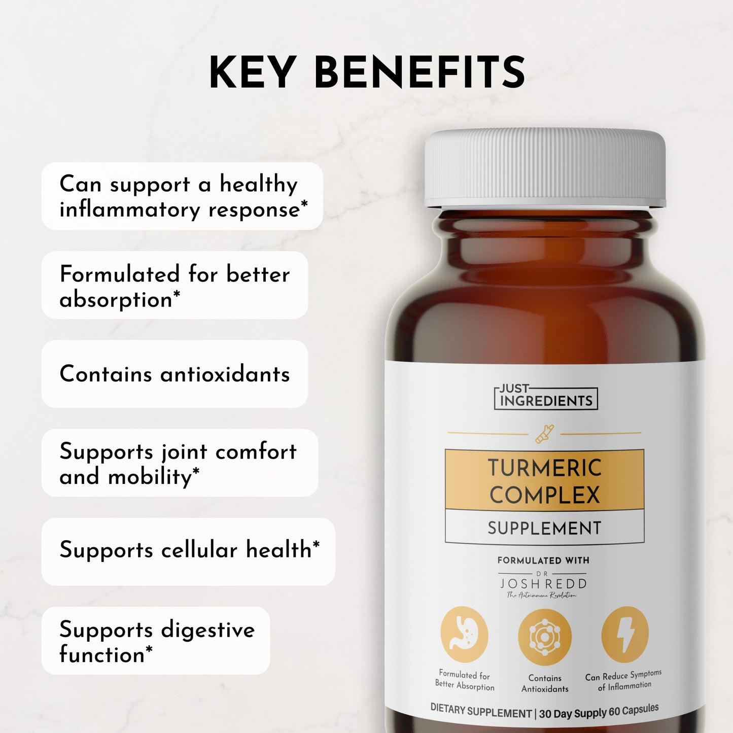 JUST INGREDIENTS Turmeric Complex Supplement Organic Turmeric Extract with Resveratrol, Boswellia & Black Pepper, 60 Capsules