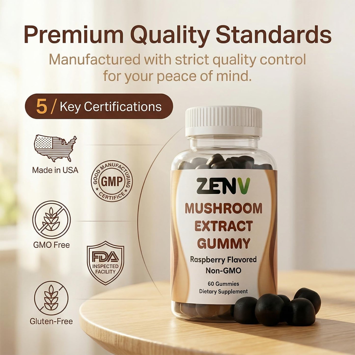 ZENV Mushroom Extract Gummies, 60 Count