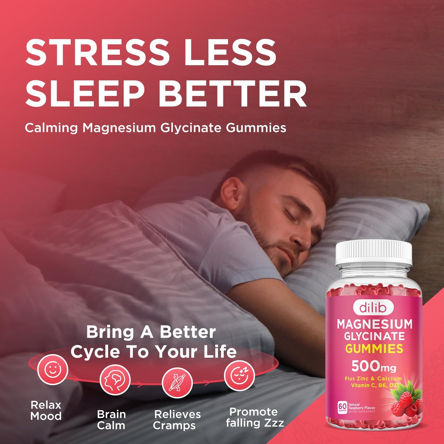 dilib Magnesium Glycinate Gummies 500mg Magnesium Supplement with Calcium, Zinc, Vitamin C, B6, D3 - Calm Chewable Gummies for Kids & Adults - Sleep, Mood & Muscle Support - Raspberry Flavor, 60 Gummies