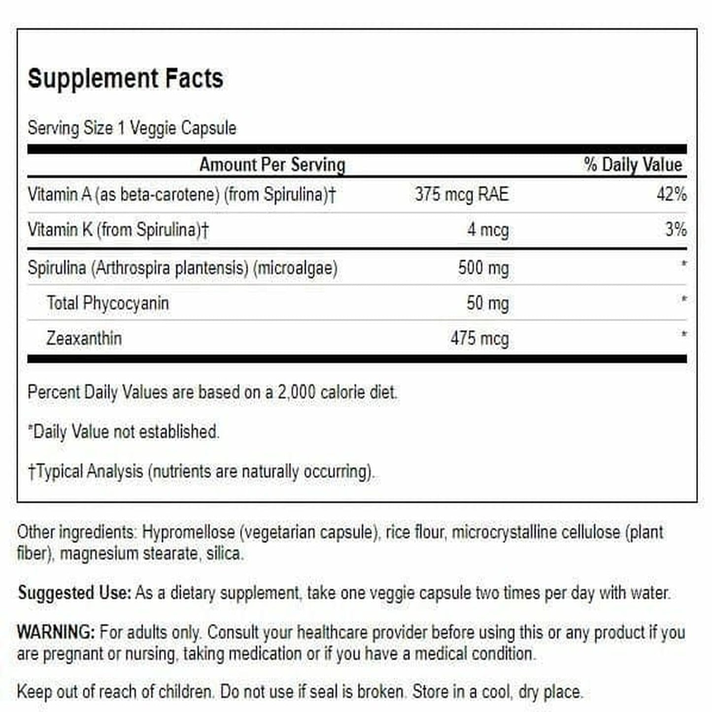 Swanson Spirulina Blue-Green Algae 10% Phycocyanin 500 mg Capsules, 90 Count