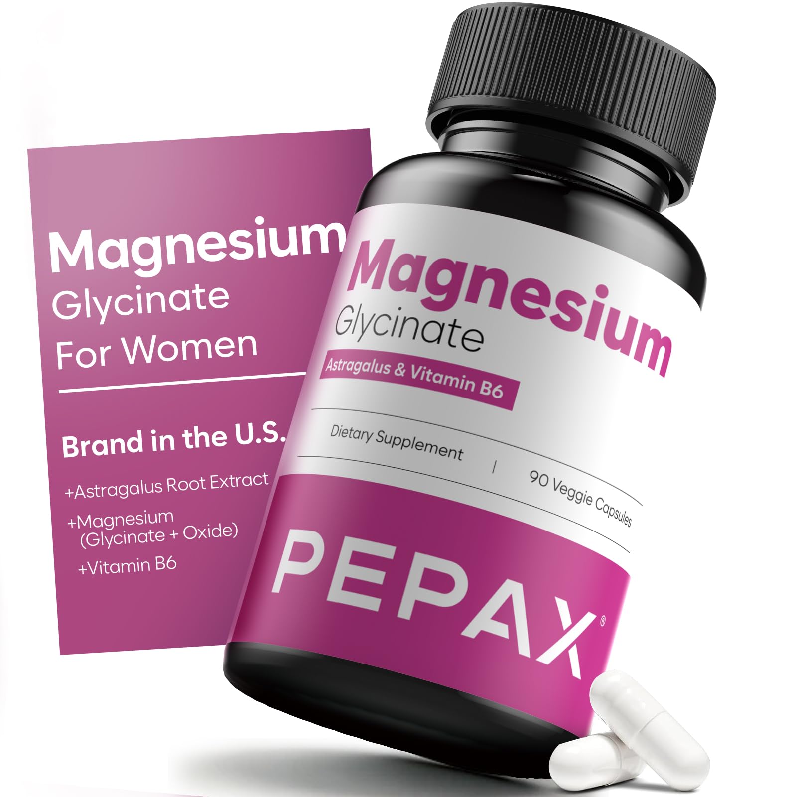 PEPAX Magnesium Glycinate for Women with B6 and Astragalus 300mg Capsules, 90 Count