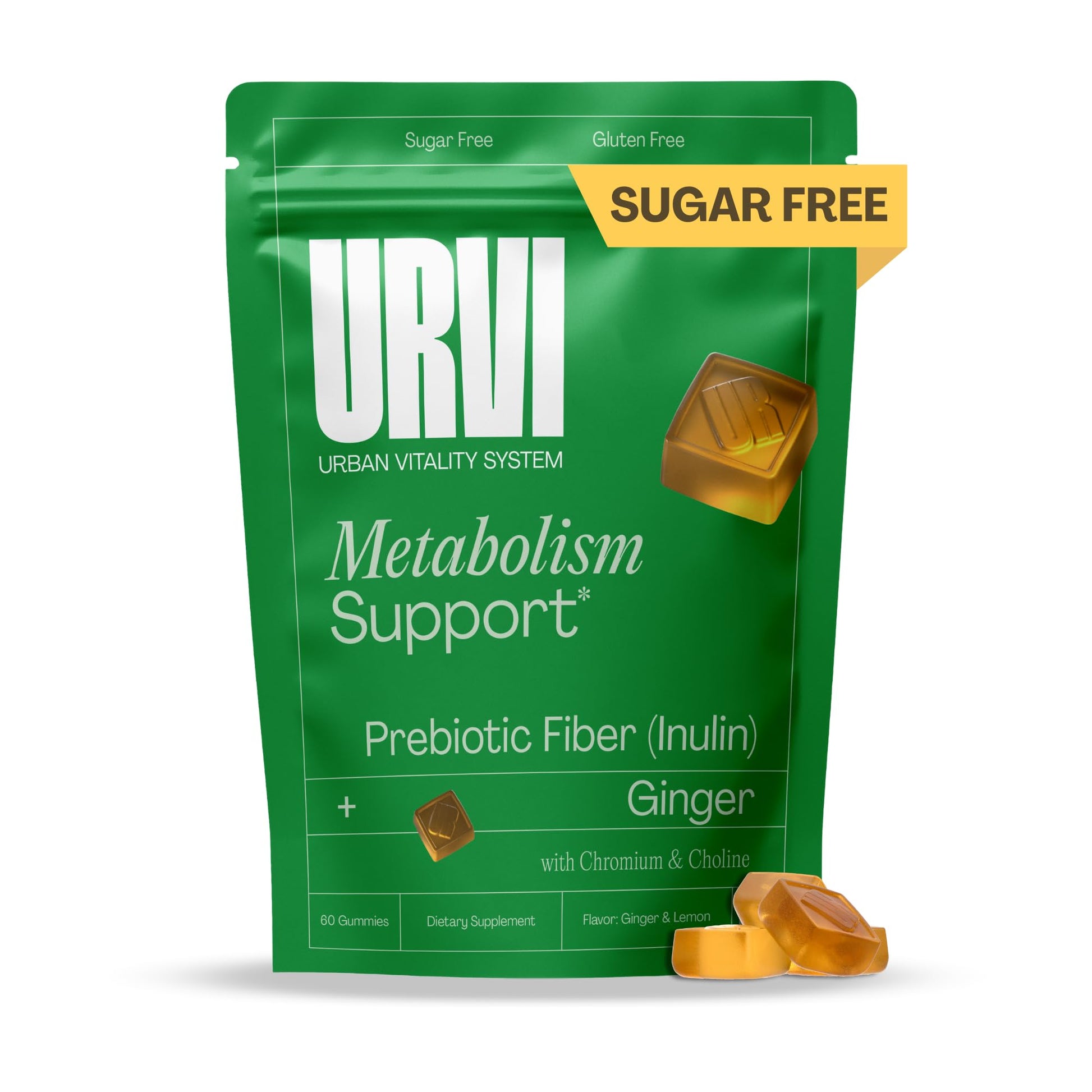 URVI Metabolism Support Gummies with Chromium Picolinate, Inulin Prebiotic Fiber, Ginger Extract & Choline – 60 Gummies