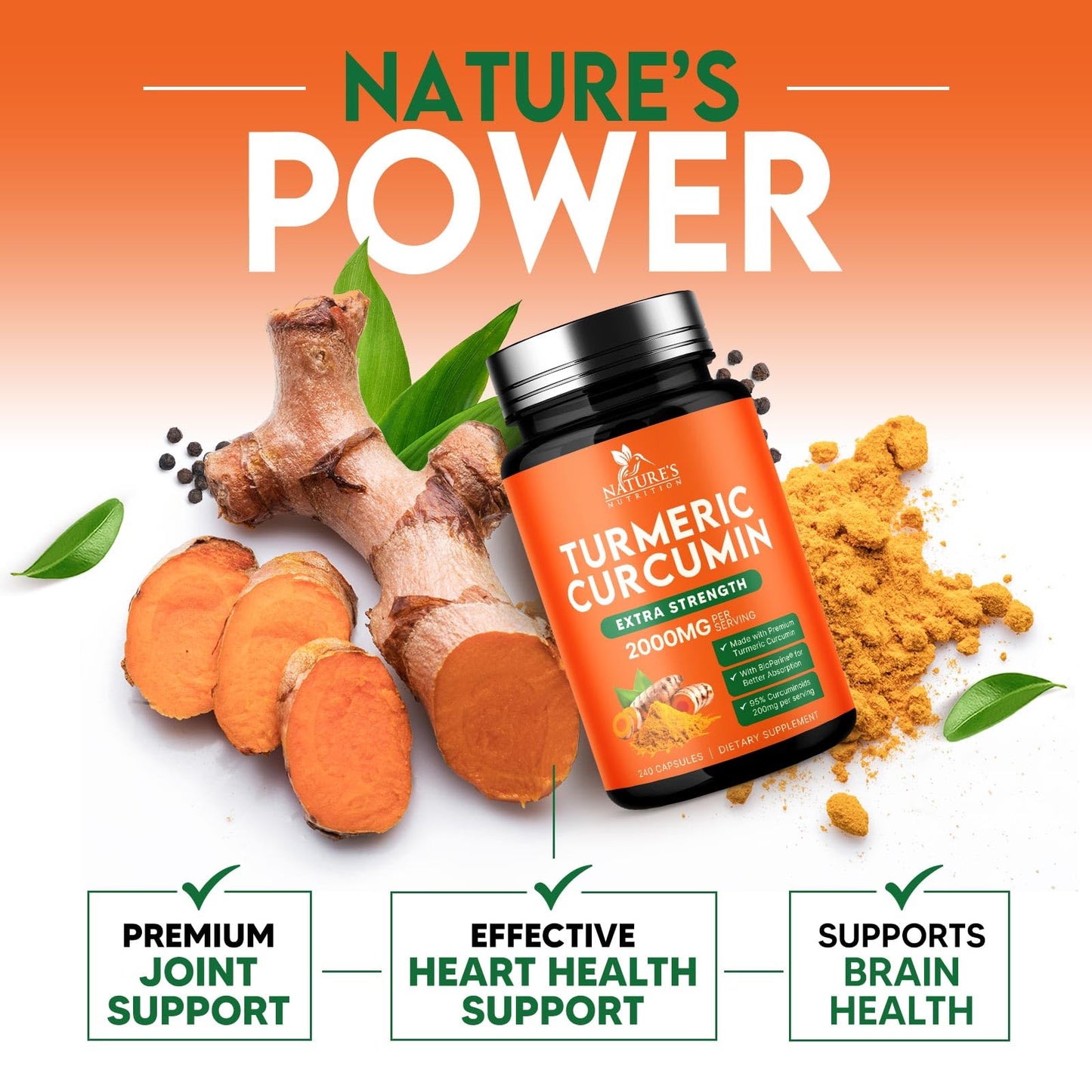 Nature's Nutrition Turmeric Curcumin Supplement 1800mg Organic Turmeric Per Serving 95% Curcuminoids & BioPerine Black Pepper Extract for Best Absorption Natural Vegan Joint Support, 240 Capsules