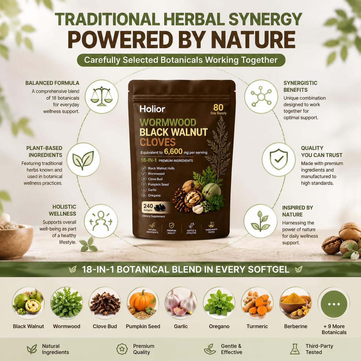 Luxero Holior Wormwood Black Walnut Cloves, 18-in-1 Herbal Blend Formula with Clove, Garlic, Turmeric, Pumpkin Seed & Oregano – Daily Digestive & Gut Balance Support Supplement, 240 Capsules