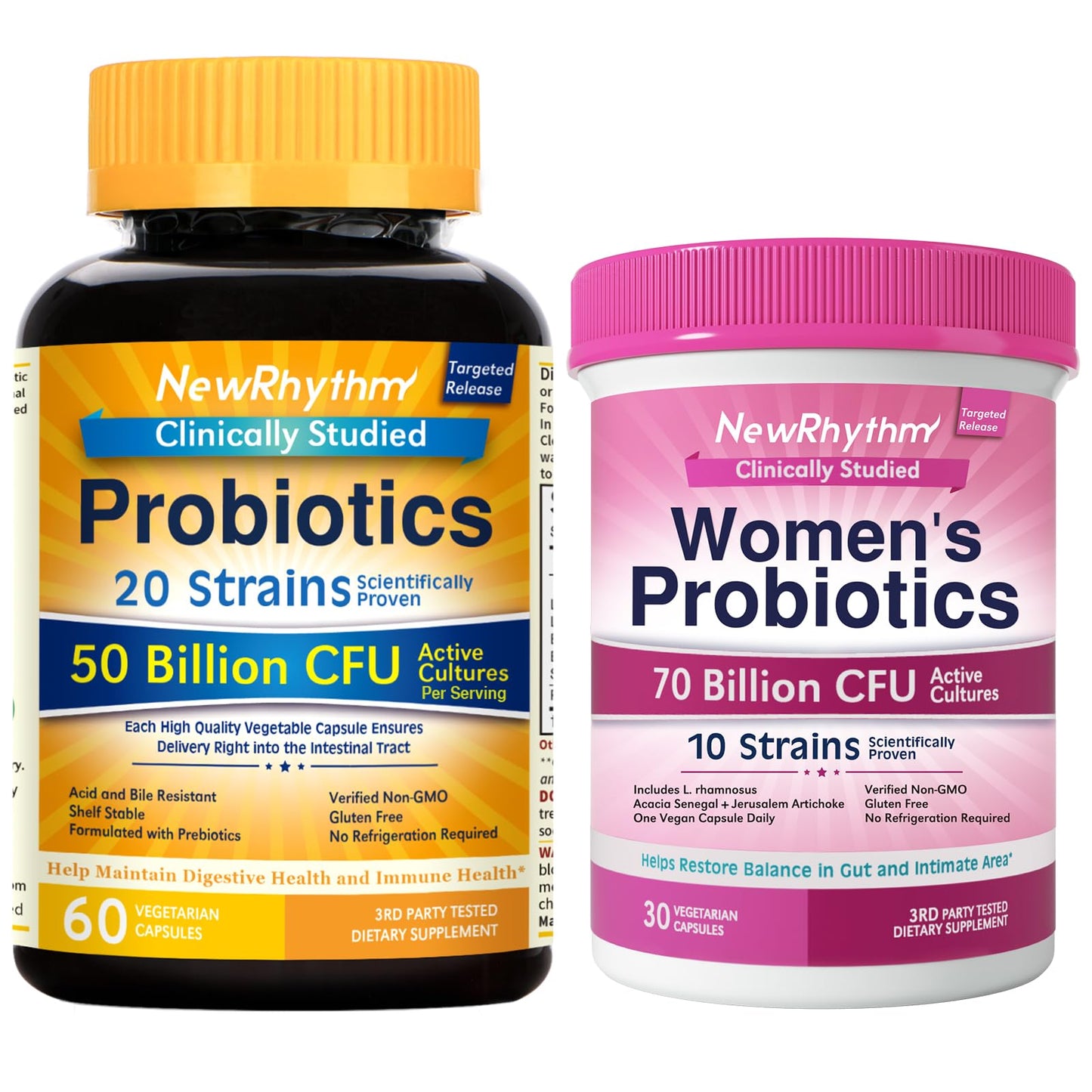 NewRhythm Gut & Feminine Health Bundle, Probiotics 50 Billion CFU & Women's Probiotics 70 Billion CFU, Daily Gut Health & Feminine Care, 90 Capsules