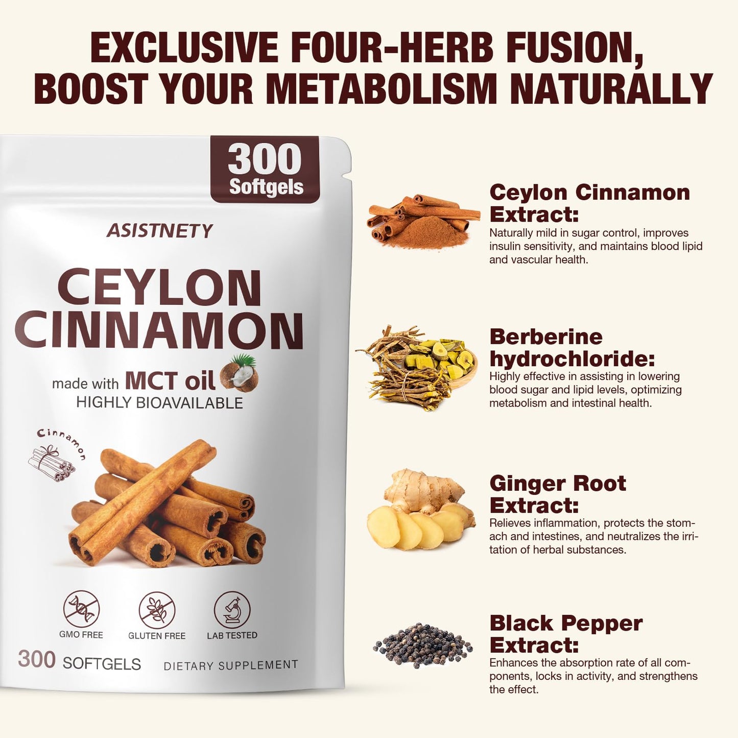 ASISTNETY Ceylon Cinnamon Softgels with MCT Oil, 300 Softgels
