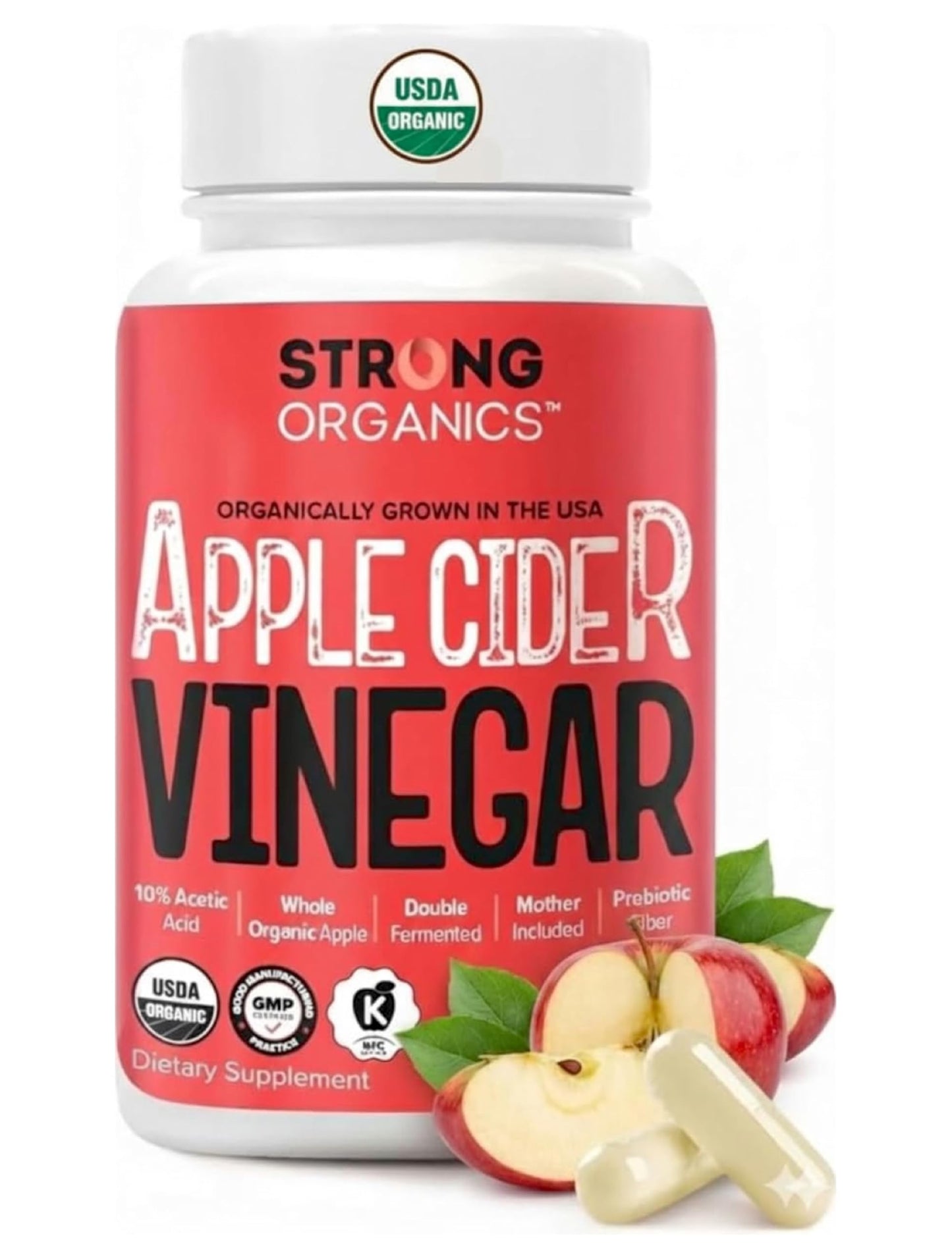 Strong Organics Organic Apple Cider Vinegar Capsules with The Mother, 1100mg ACV with 110mg Acetic Acid, 120 Vegan Caps