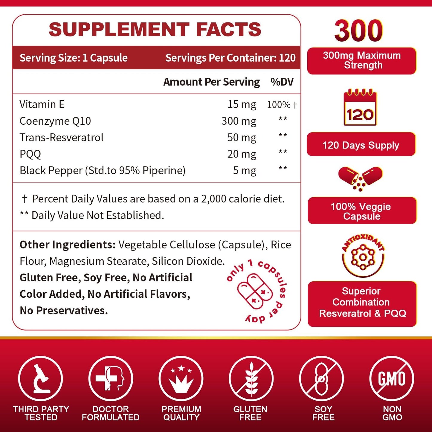 ZEBORA CoQ10-300mg with Trans-Resveratrol, PQQ & Vitamin E, High Absorption Coenzyme-Q10 with BioPerine, 120 Capsules