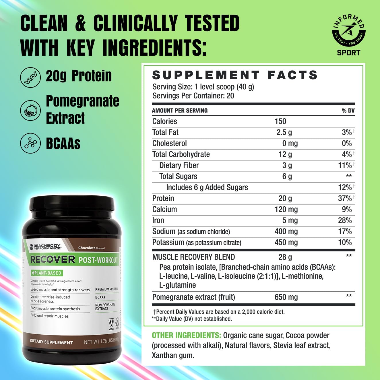 BODi Recover Post-Workout Plant-Based Protein Powder Chocolate, 20 Servings