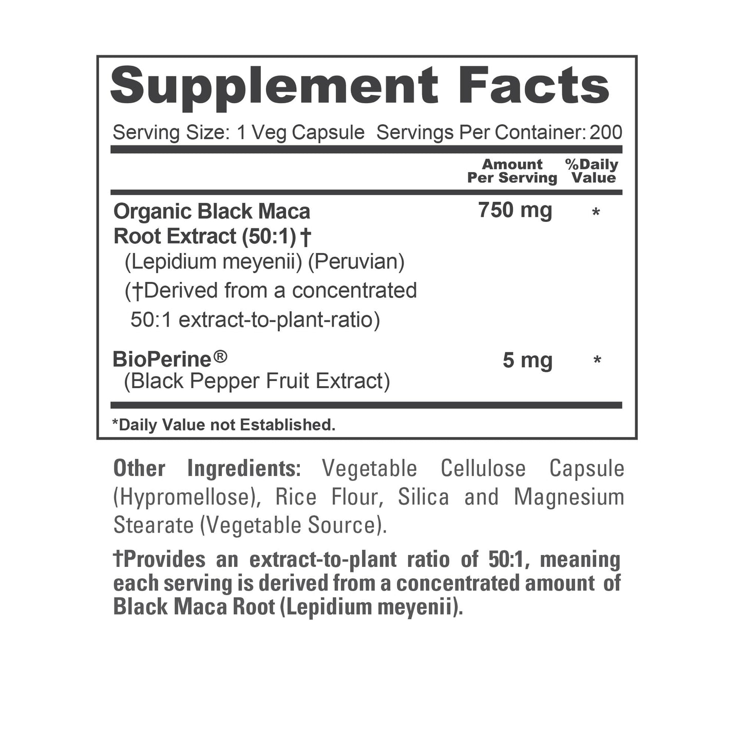NusaPure Peruvian Black Maca Root 750 mg, 200 Veg Capsules