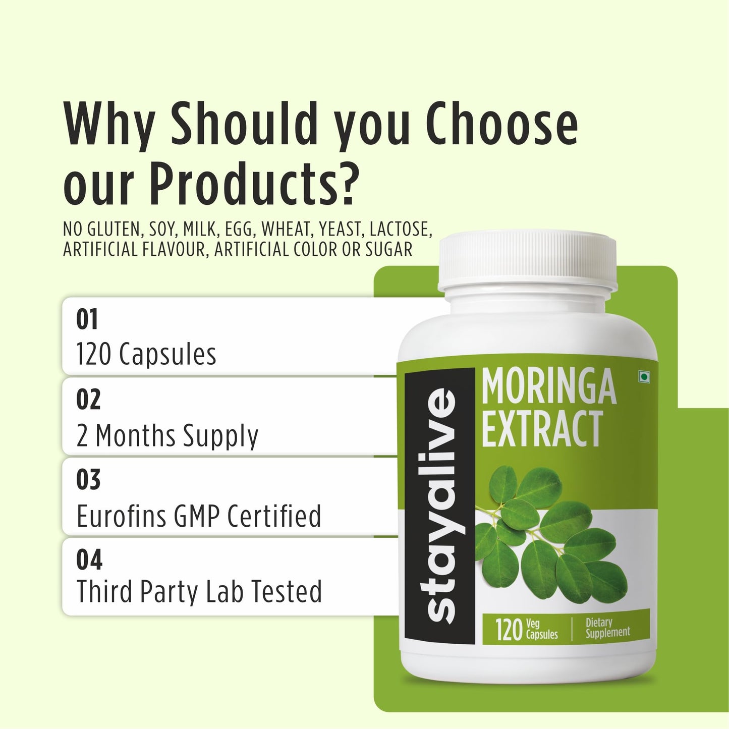 STAY ALIVE Moringa Capsules 1000mg 20:1 Extract, 120 Count