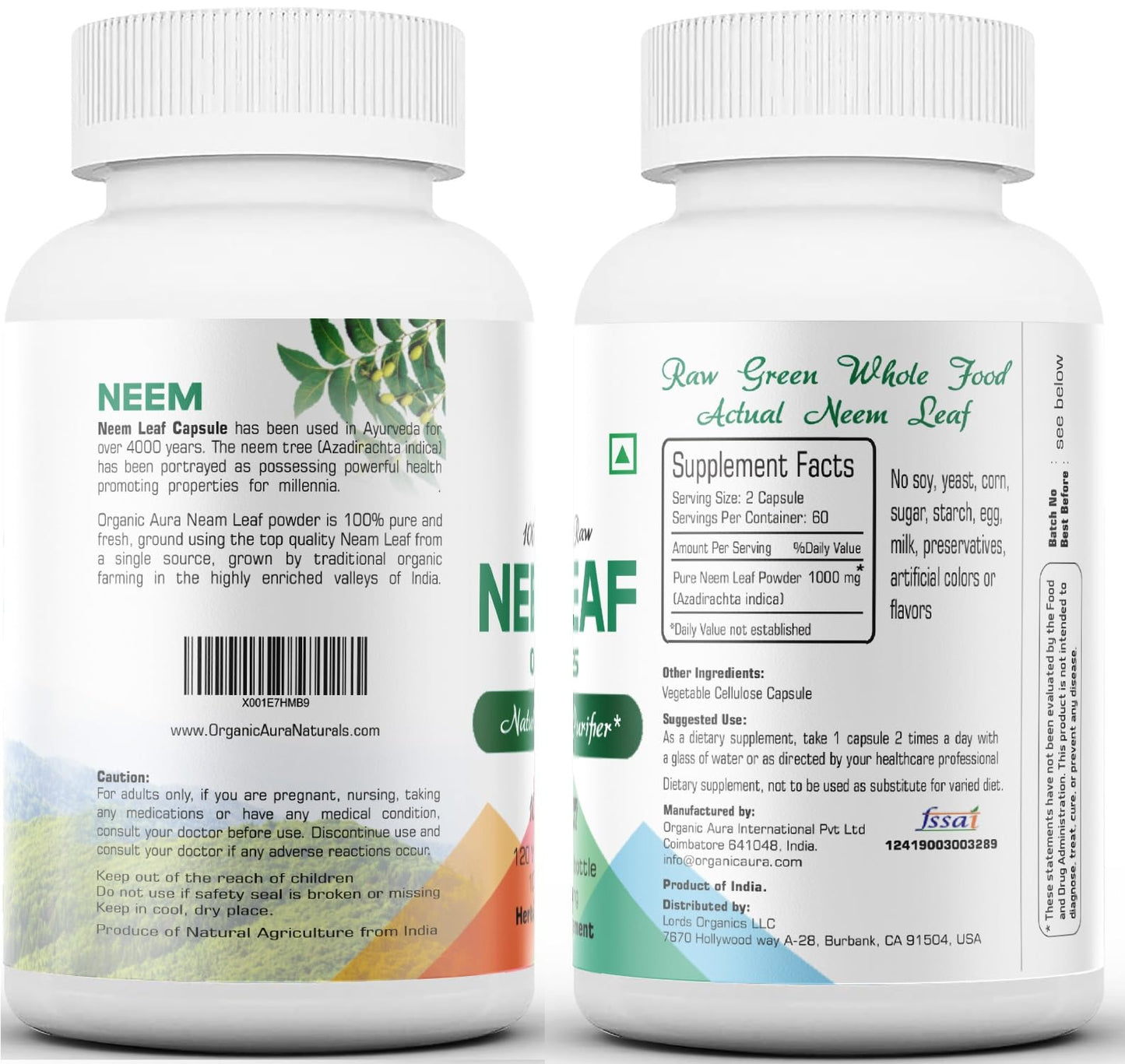 Organic Aura International Neem Capsules 120 Capsules