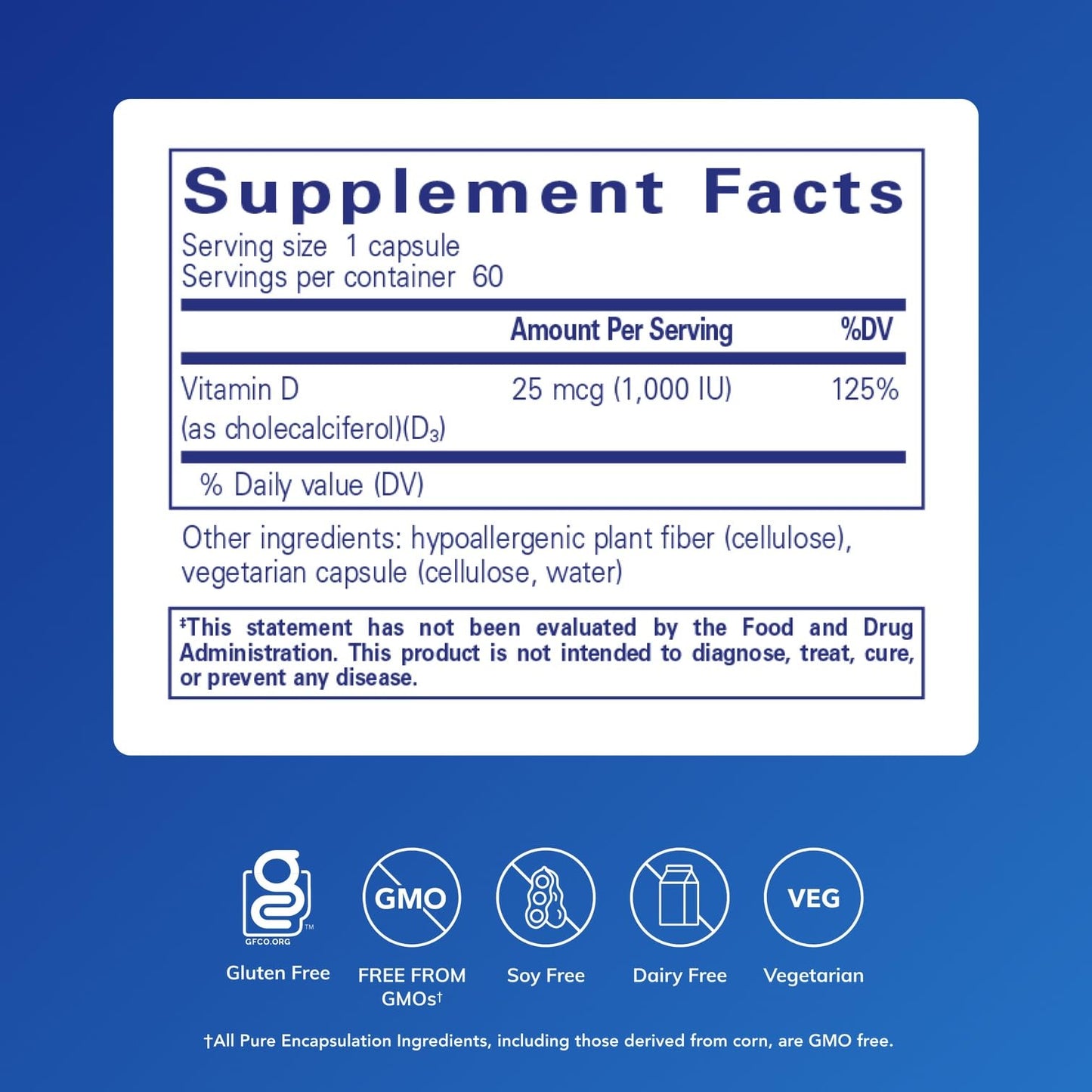Pure Encapsulations Vitamin D3 25 mcg (1,000 IU) Capsules, 60 Count