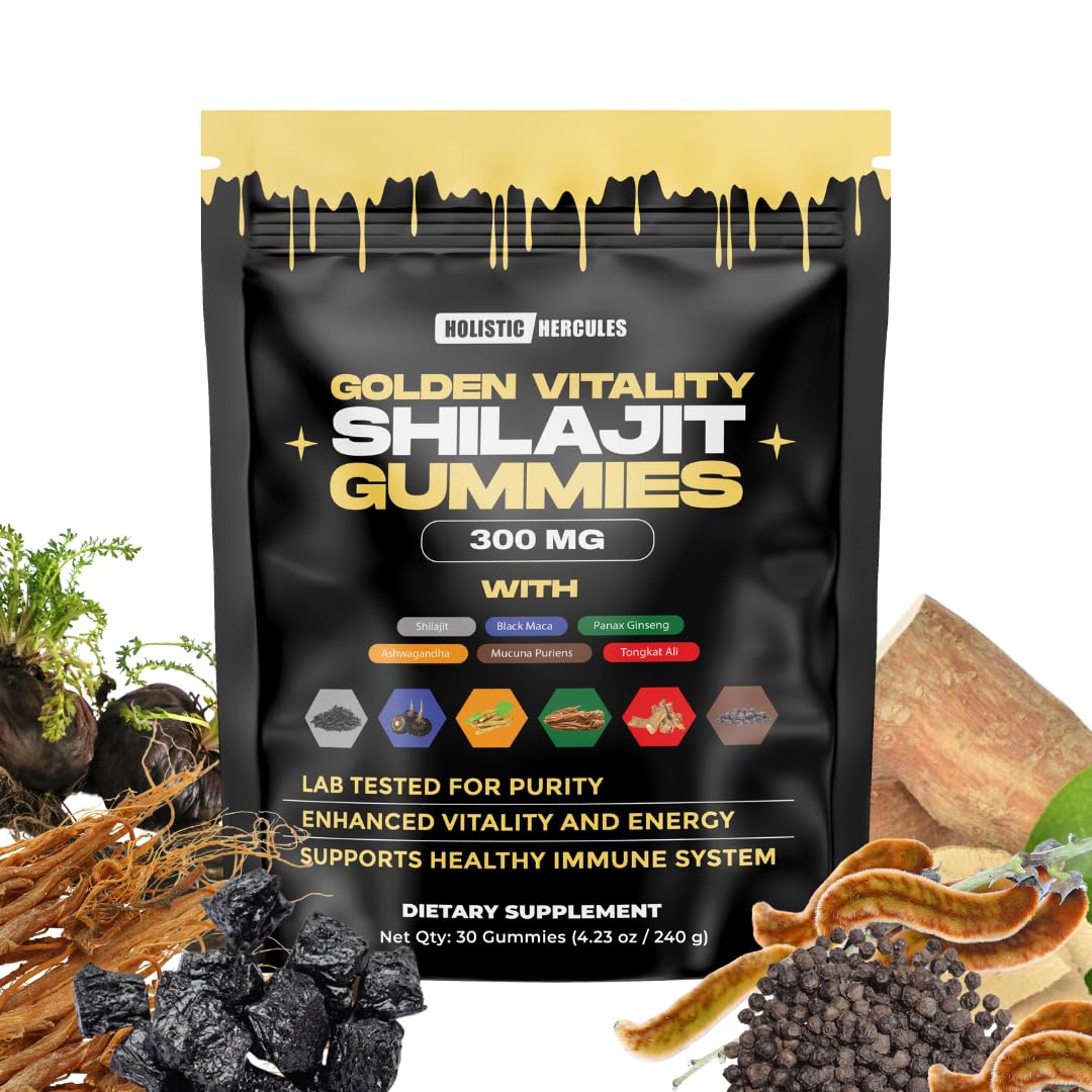 Holistic Hercules Himalayan Gold Shilajit Gummies with Ashwagandha, Black Maca, Tongkat Ali, Panax Ginseng, Mucuna, 30 Gummies