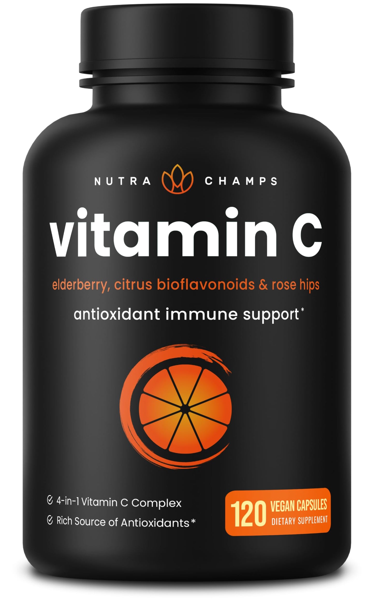 NutraChamps Vitamin C 1000 mg with Rose Hips, Elderberry & Citrus Bioflavonoids Capsule, 120 Count