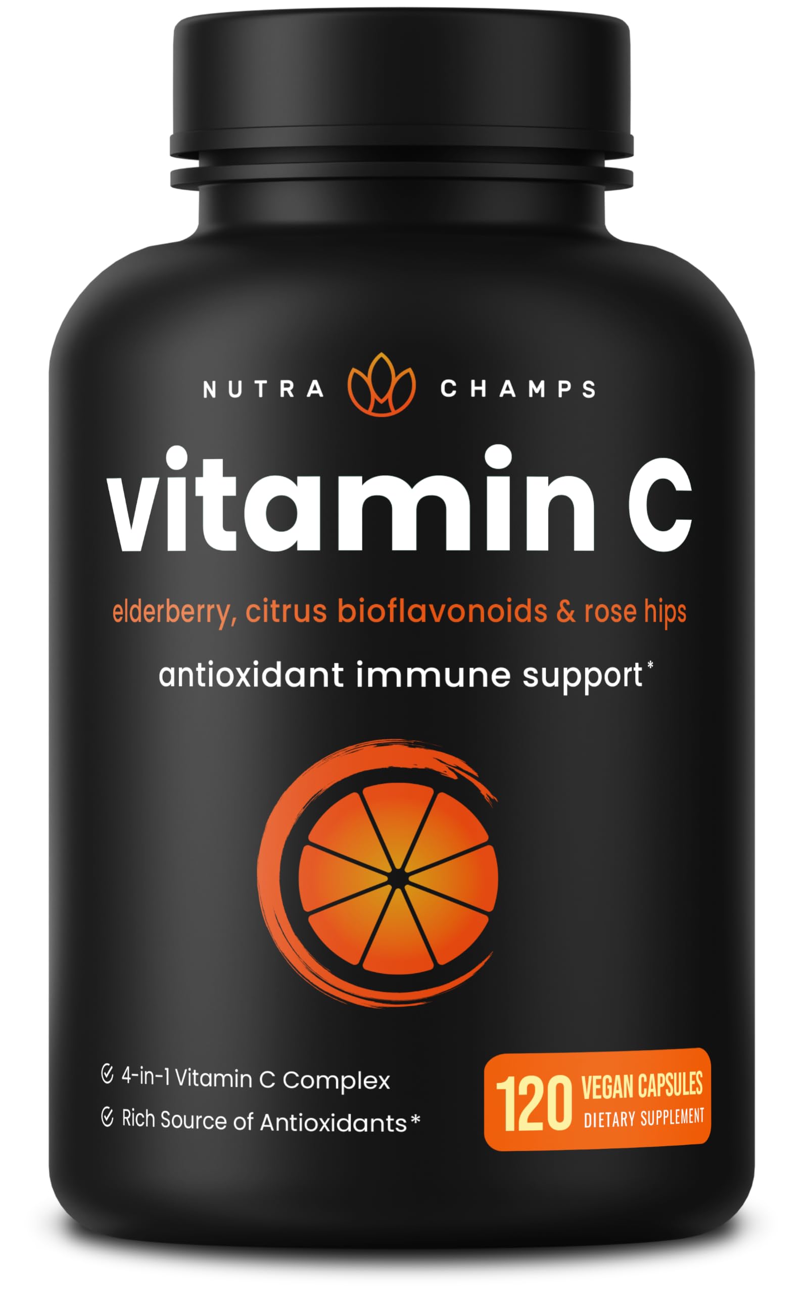 NutraChamps Vitamin C 1000 mg with Rose Hips, Elderberry & Citrus Bioflavonoids Capsule, 120 Count