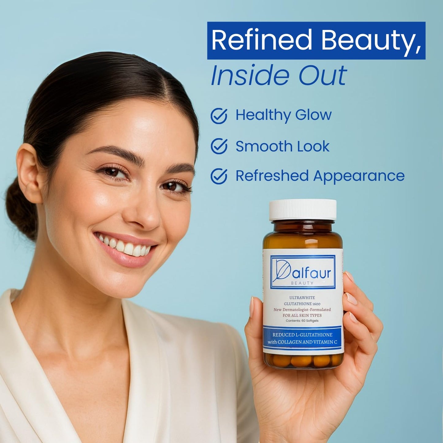 Dalfour Beauty Ultra Glutathione Capsules With Hydrolyzed Collagen & Vitamin C – 1600mg Reduced L-Glutathione Per Serving, 30 Capsules