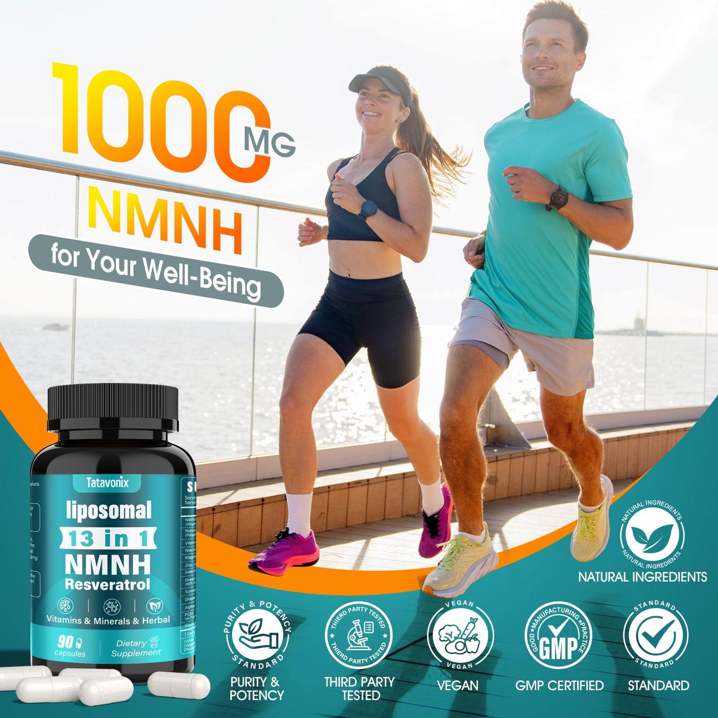 Tatavonix NMNH (Dihydronicotinamide Mononucleotide) 1000mg per Serving - NMN Alternative with Liposomal NAD+, Resveratrol & PQQ, Non-GMO, Gluten-Free, Supports Energy, Focus & Healthy Aging, 90 Capsules