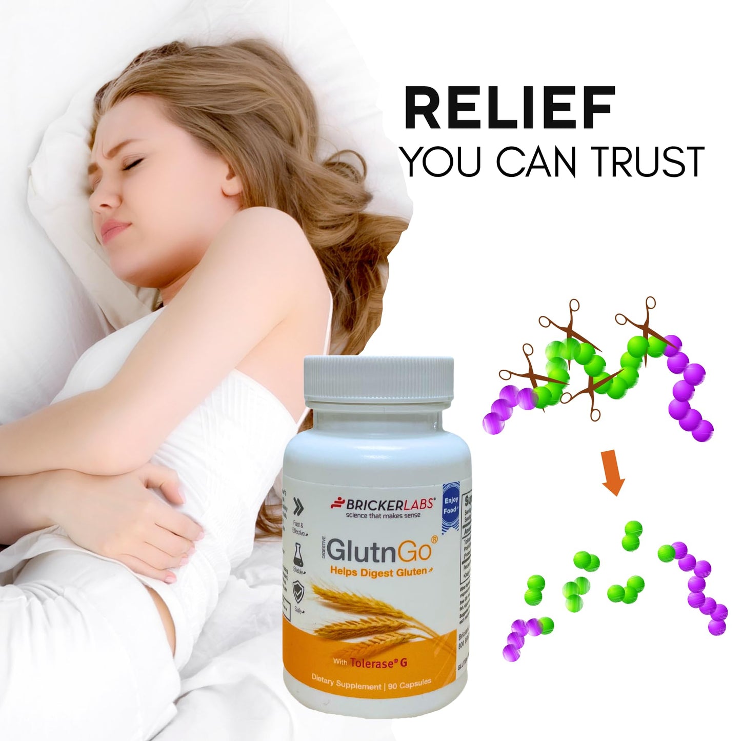 Bricker Labs GlutnGo Gluten Digestive Enzyme with Tolerase G 100mg Capsules, 90 Count