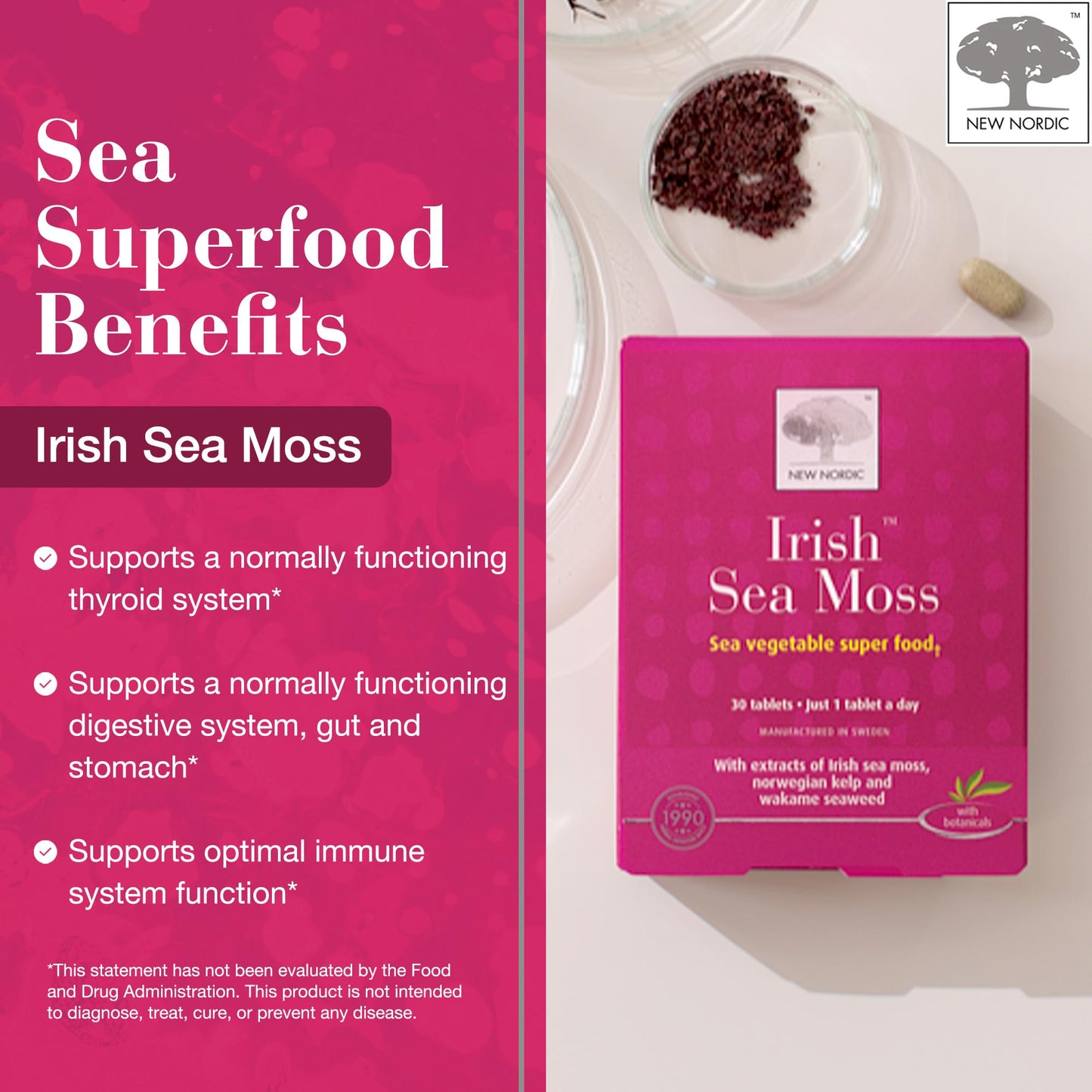 NEW NORDIC Irish Sea Moss Extract, Tri-Algae Complex with Norwegian Kelp and Wakame Seaweed, Tablet, 30 Tablets